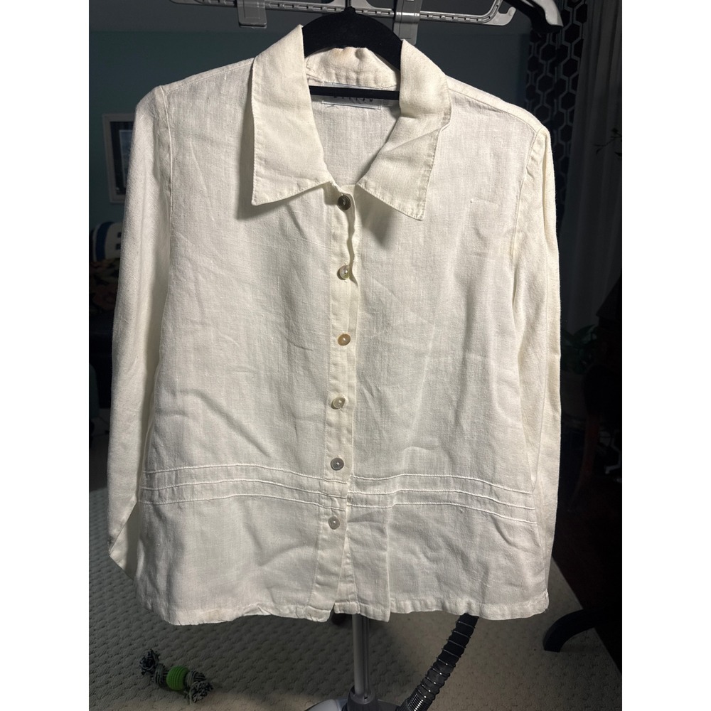 Willow Women Cream Linen Button Down Long Sleeve Pintuck Shirt Size S